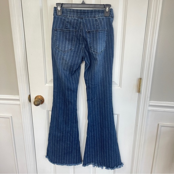 Uniq by Litz Jeans Women's 26 Blue Pinstripe Flare Leg Raw Hem Boho Retro - Picture 4 of 8